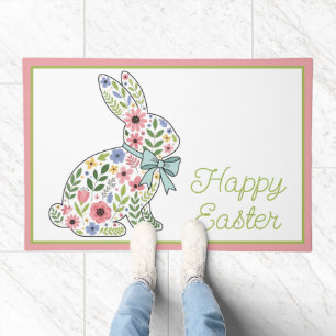Pink and Blue Wildflower Easter Rabbit Doormat