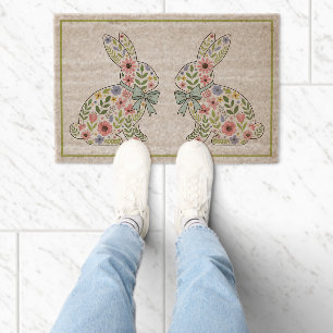 Pink and Blue Wildflower Easter Rabbit Fiber Doormat