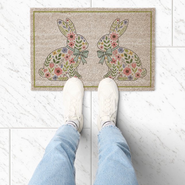 Pink and Blue Wildflower Easter Rabbit Fiber Doormat (Insitu)