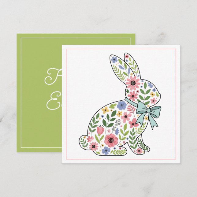 Pink and Blue Wildflower Easter Rabbit Holiday Card (Front/Back)