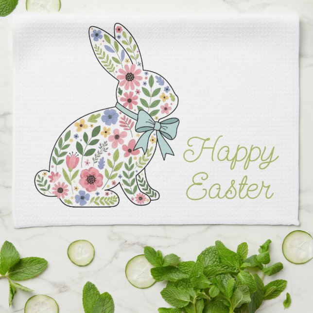 Pink and Blue Wildflower Easter Rabbit Kitchen Towel (Folded)