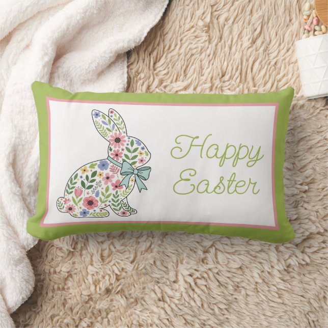 Pink and Blue Wildflower Easter Rabbit Lumbar Pillow (Blanket)