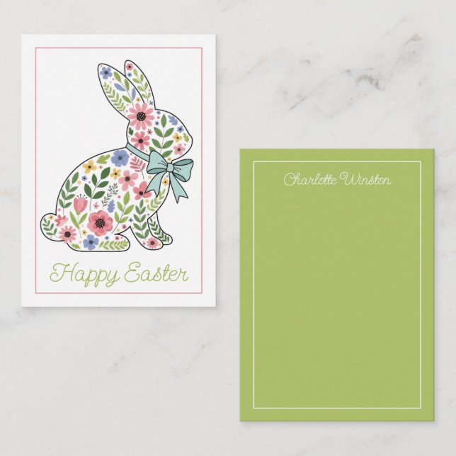 Pink and Blue Wildflower Easter Rabbit Note Card (Front/Back)