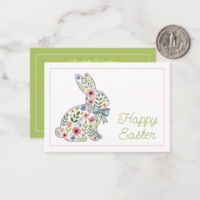 Pink and Blue Wildflower Easter Rabbit Note Card (Front/Back In Situ)
