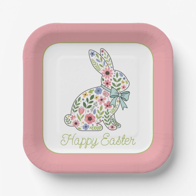 Pink and Blue Wildflower Easter Rabbit Paper Plates (Front)