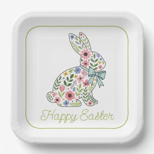 Pink and Blue Wildflower Easter Rabbit Paper Plates (Front)