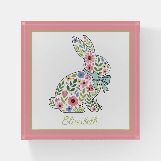 Pink and Blue Wildflower Easter Rabbit Paperweight (Front)