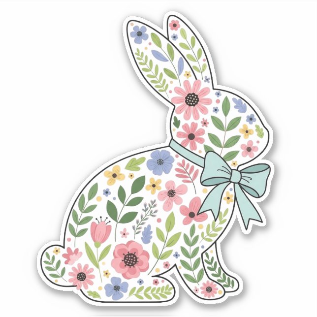 Pink and Blue Wildflower Easter Rabbit Sticker (Front)