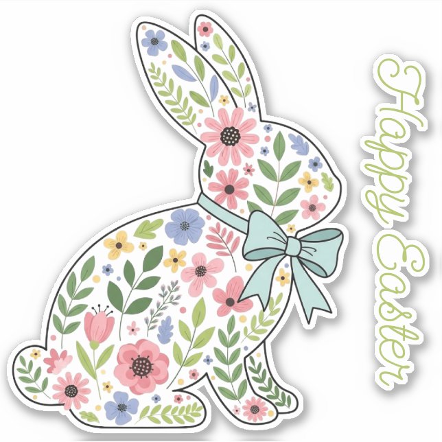 Pink and Blue Wildflower Easter Rabbit Sticker (Front)