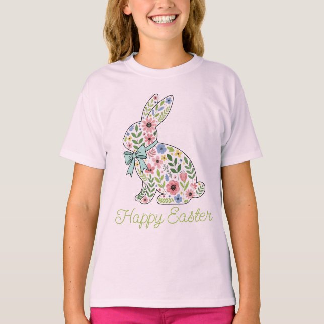 Pink and Blue Wildflower Easter Rabbit T-Shirt (Front)