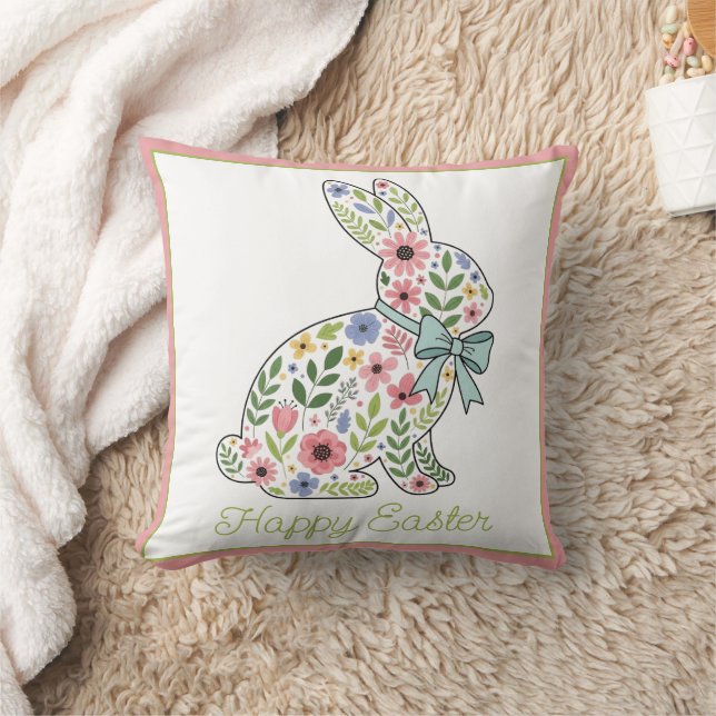 Pink and Blue Wildflower Easter Rabbit Throw Pillow (Blanket)