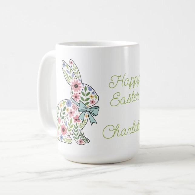 Pink and Blue Wildflower Easter Rabbits Coffee Mug (Front Left)