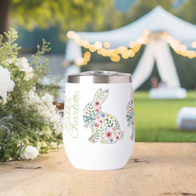 Pink and Blue Wildflower Easter Rabbits Thermal Wine Tumbler (Wedding (Rotated))