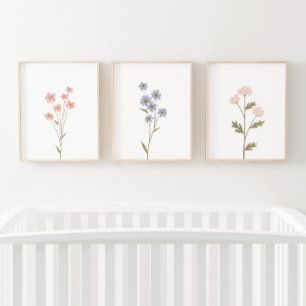 Pink and Blue Wildflower Girl Nursery Decor Wall Art Sets