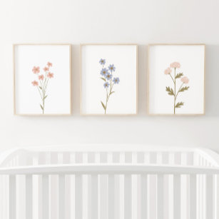 Pink and Blue Wildflower Girl Nursery Decor Wall Art Sets