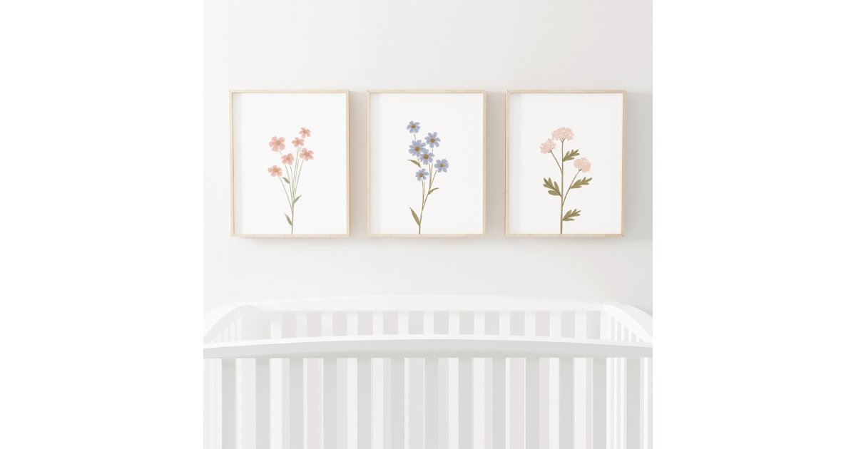 Pink and Blue Wildflower Girl Nursery Decor Wall Art Sets | Zazzle
