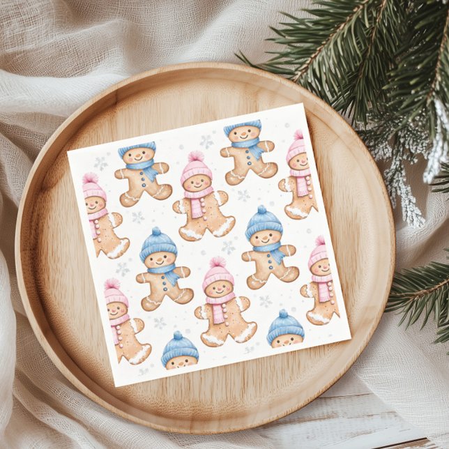 Pink and Blue Winter Gingerbread Gender Reveal Napkins (Creator Uploaded)