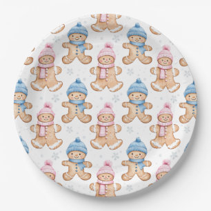 Pink and Blue Winter Gingerbread Gender Reveal Paper Plates