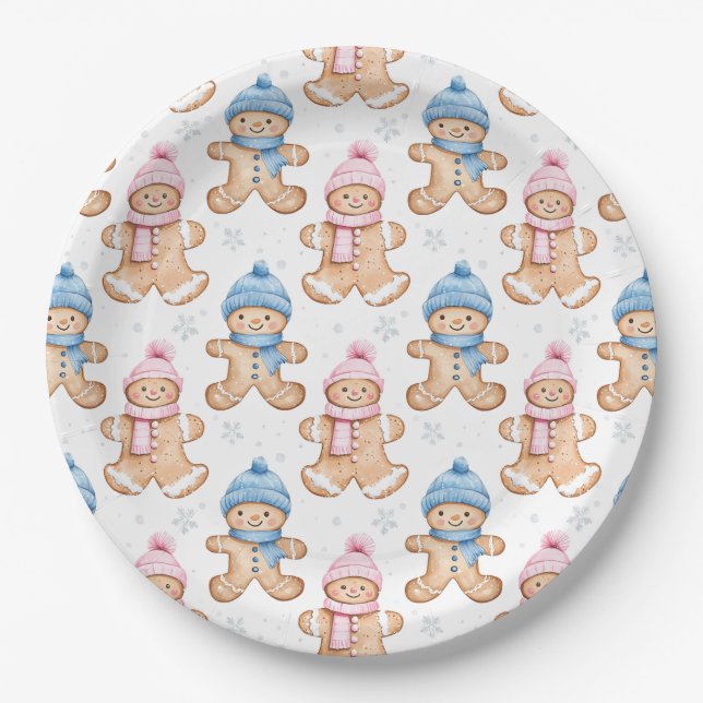 Pink and Blue Winter Gingerbread Gender Reveal Paper Plates (Front)