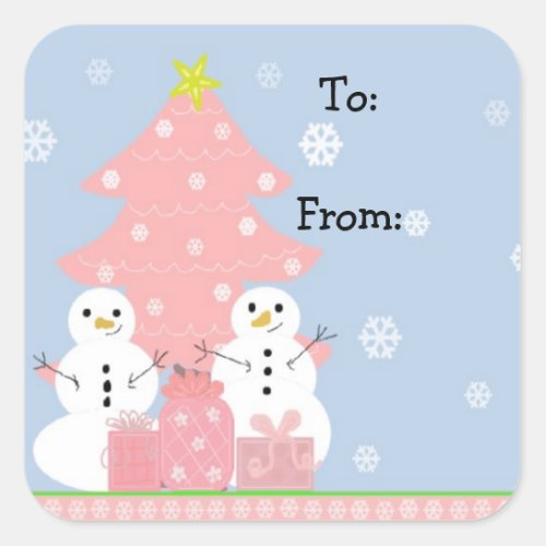 Pink and Blue Winter Scene Square Sticker