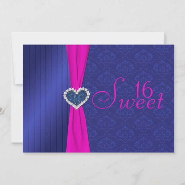 Pink and Blue with Glitter Heart Sweet Sixteen Invitation (Front)