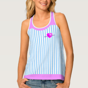 Pink and Blue with White Pinstripes and Heart Tank Top