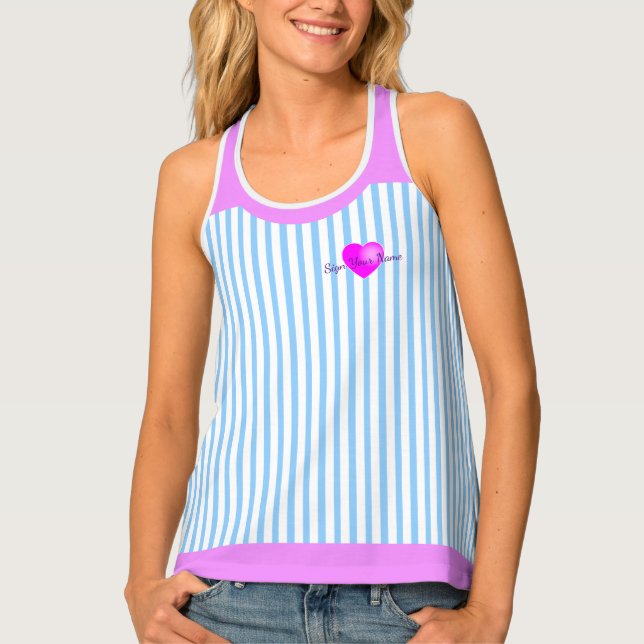 Pink and Blue with White Pinstripes and Heart Tank Top (Front)