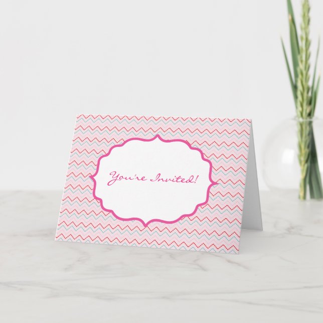 Pink And Blue Zig Zag Patterned Invitation (Front)