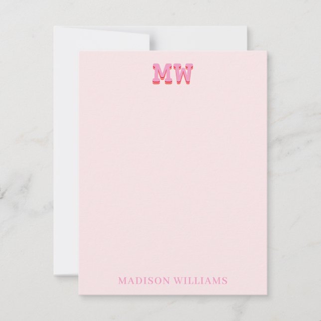 Pink and Blush Retro Typography Monogram Initial Note Card (Front)