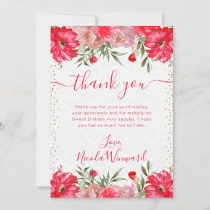 Pink and Blush Summer Flowers Sweet 16 Thank You Card