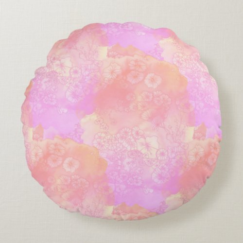 Pink and Blush Watercolor with Floral Design Round Pillow