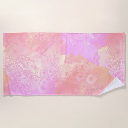 Pink and Blush Watercolor with Floral Detail Beach Towel