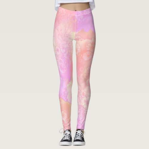 Pink and Blush Watercolor with Floral Detail Leggings