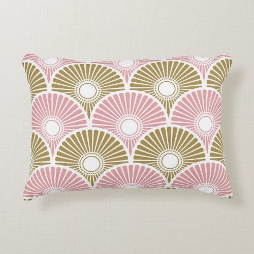 Pink and Brass Chinese Semi Circle Wave Pattern Accent Pillow