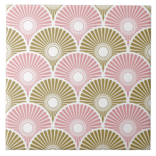 Pink and Brass Chinese Semi Circle Wave Pattern Ceramic Tile
