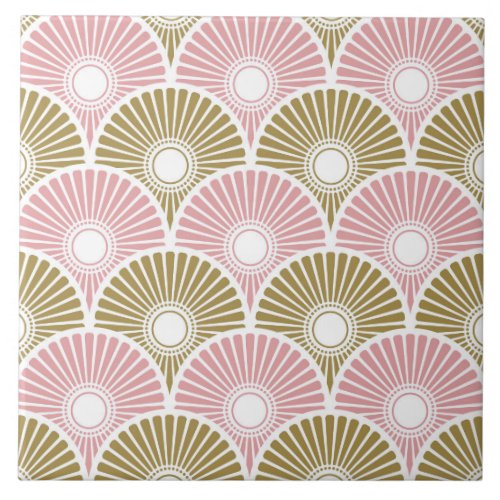 Pink and Brass Chinese Semi Circle Wave Pattern Ceramic Tile