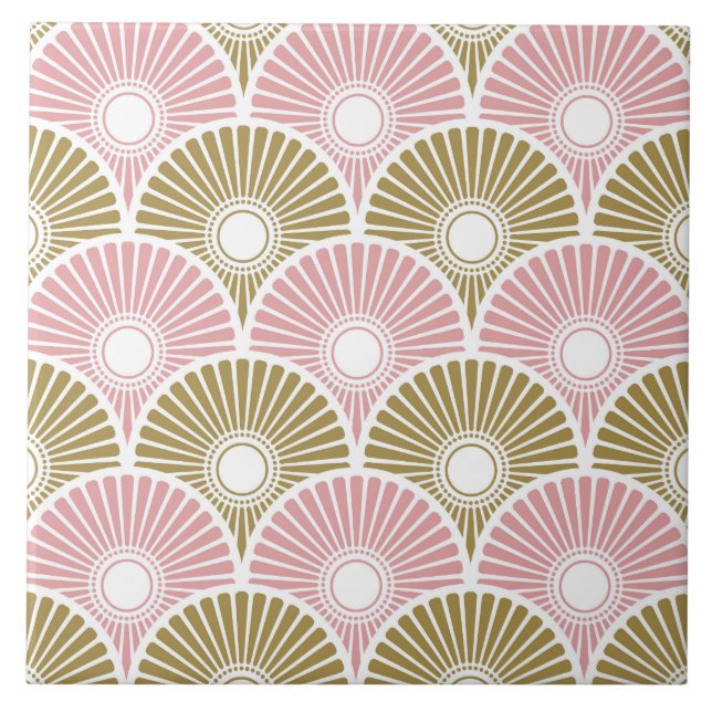 Pink and Brass Chinese Semi Circle Wave Pattern Ceramic Tile (Front)
