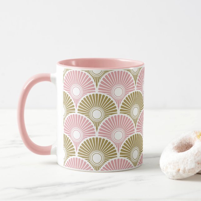Pink and Brass Chinese Semi Circle Wave Pattern  M Mug (With Donut)