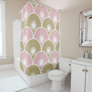 Pink and Brass Chinese Semi Circle Wave Pattern Shower Curtain