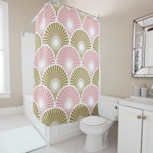 Pink and Brass Chinese Semi Circle Wave Pattern  Shower Curtain