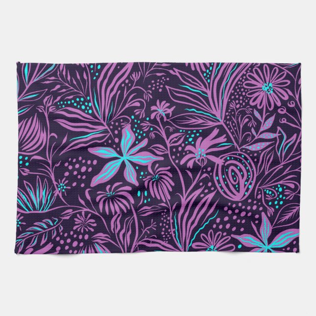 Pink And Bright Blue Flowers Kitchen Towel (Horizontal)