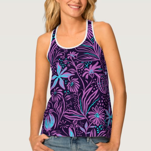 Pink And Bright Blue Flowers Pattern Tank Top