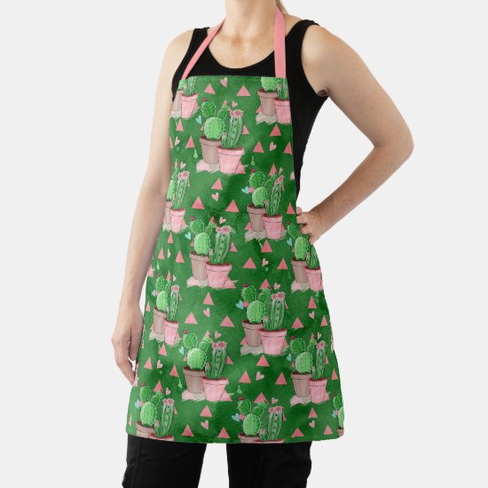 Pink and Bright Green Flowering Cactus Pattern Apron