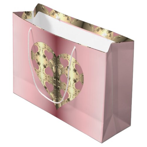 Pink and Bronze Rose Heart Valentines Day Large Gift Bag