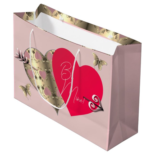 Pink and Bronze Rose Heart Valentine's Day  Large Gift Bag (Front Angled)