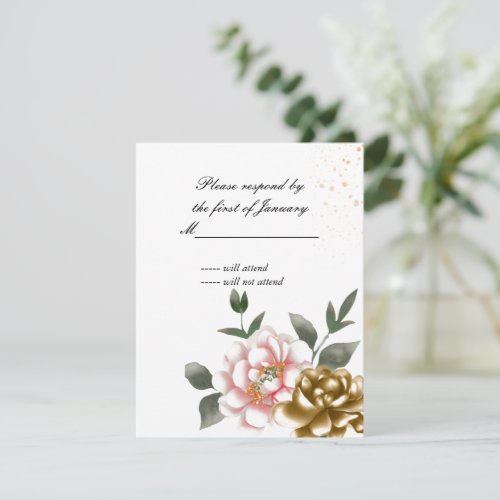 Pink and Bronze Watercolor Peony Reply Card