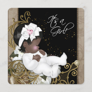 Pink and Brown African American Baby Girl Shower Invitation