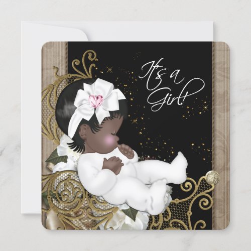 Pink and Brown African American Baby Girl Shower Personalized Invitations