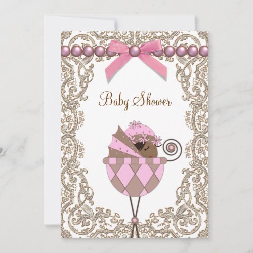 Pink and Brown African American Baby Girl Shower Invites