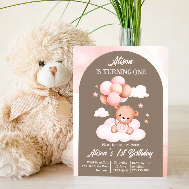 Pink and brown arch teddy bear with balloons party invitation | Zazzle